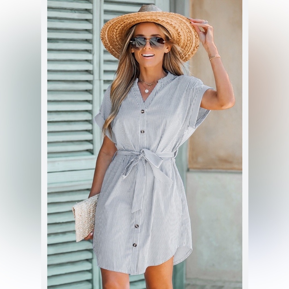 Cupshe Navy and White Belted Striped Button Front Mini Dress Size XL